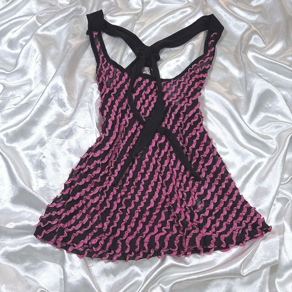 y2k Tank Top Pink Excellent Fiona & Purple Sheer Mesh Ruffle Babydoll Halter
